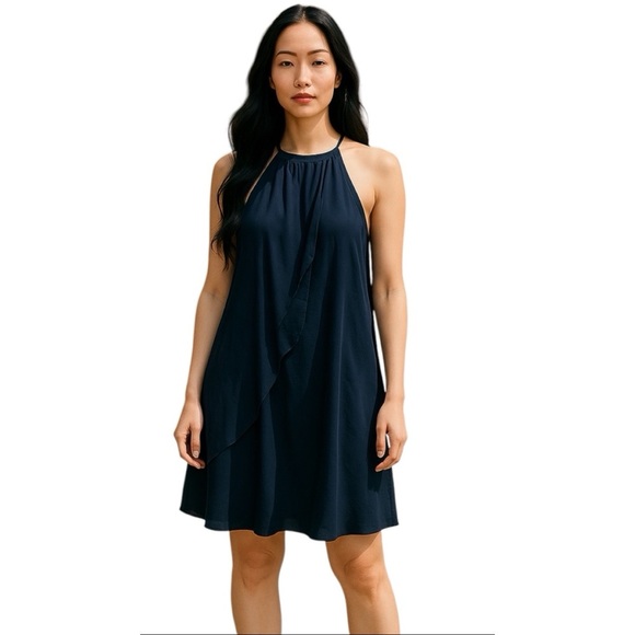 Charming Charlie Dress Women’s Sz L Navy Sheer Overlay Spaghetti Straps Neckline - Picture 1 of 3